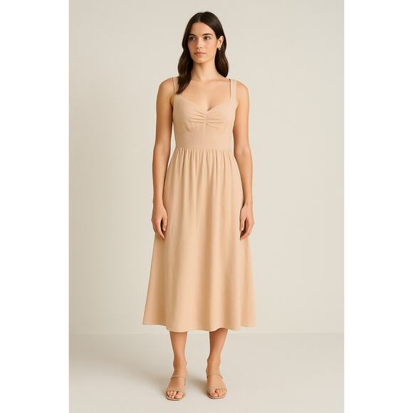 Reformation Ruched Bodice Smocked Beige Midi Dress Size 10 Minimalist Bridesmaid - Picture 1 of 5